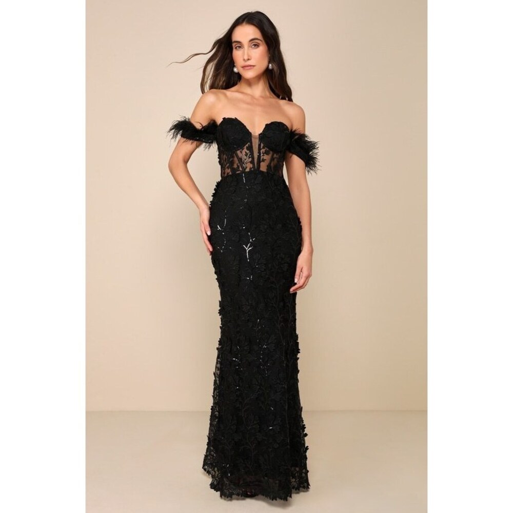 Lulus Midnight Sparkle Black Embroidered Feather Bustier Maxi Dress - Size M